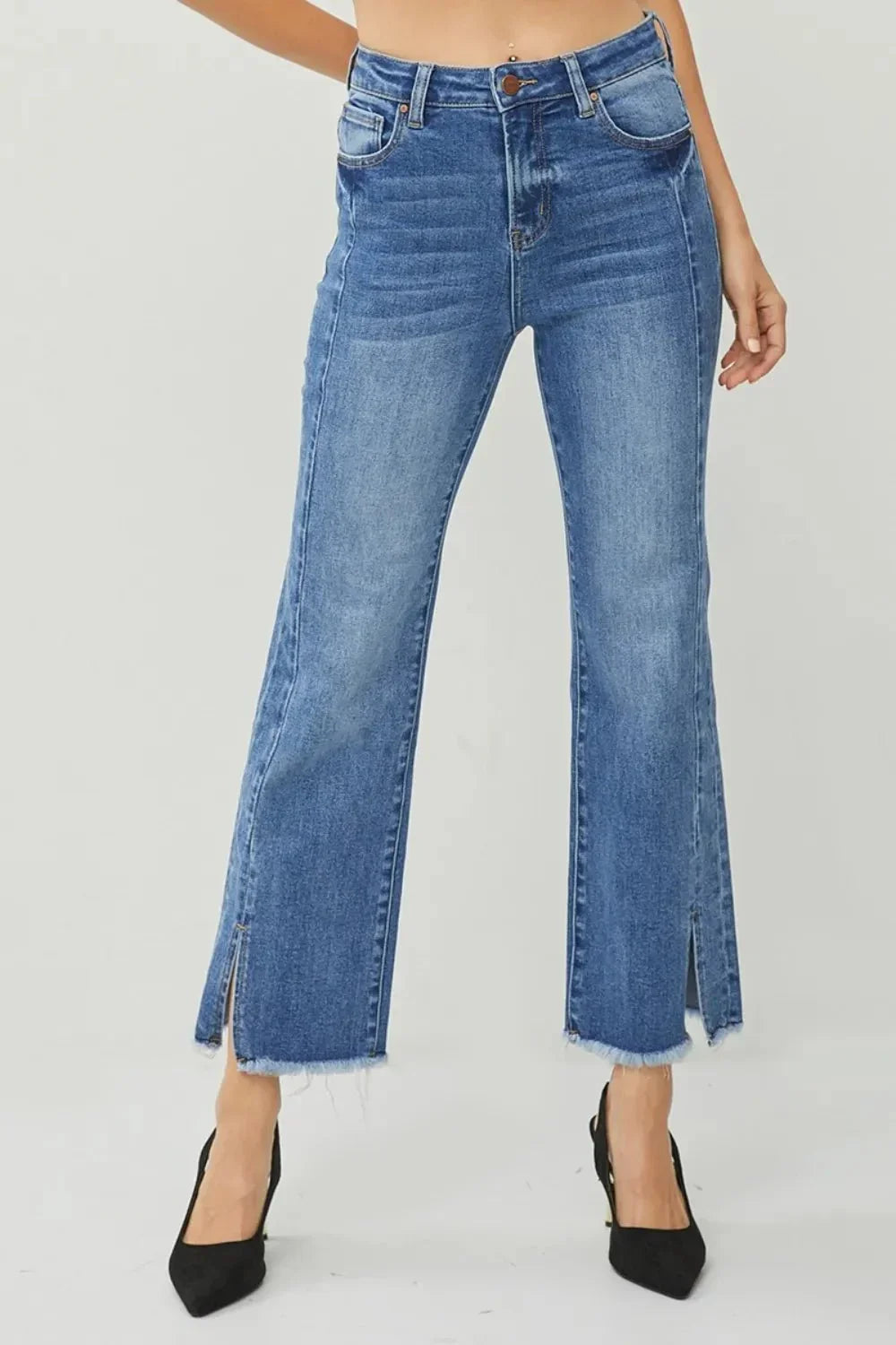 RISEN High Waist Raw Hem Slit Straight Jeans - VILLA FASHION